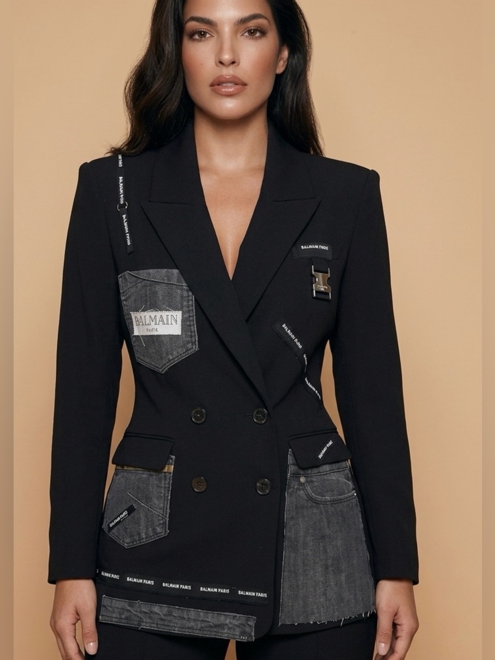 Upcycled Balmain Paris Black inspired double -Breasted Blazer size S